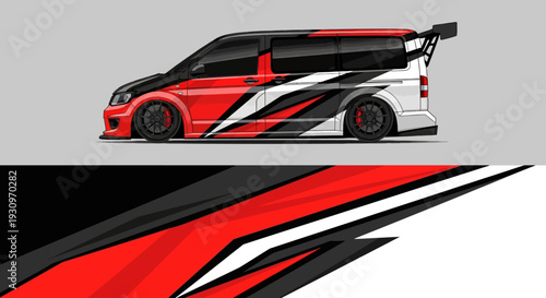 Side view of a sleek red, black, and white race car with bold graphic livery.