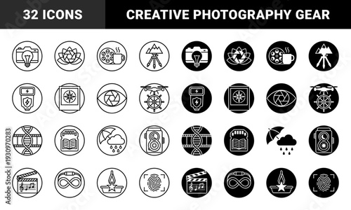Hybrid photography and cinematography icon set featuring creative conceptual mergers of cameras with lightbulbs lotus flowers and film reels