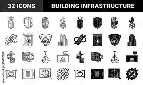 Hybrid Architectural and Smart Building Management Symbols Combining Infrastructure Elements with Security Data and Sustainability Concepts in Dual Line and Solid Style