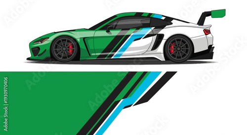 Green racing sports car with bold graphics and blue and white accents on white background.