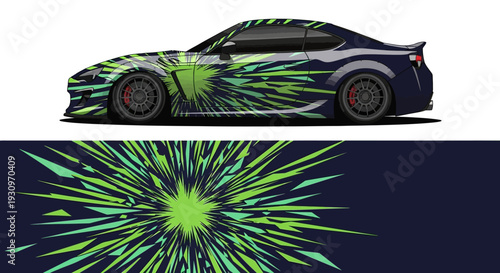 High Velocity Neon Green Sports Car with Explosive Graphic Design in Dynamic Artwork.