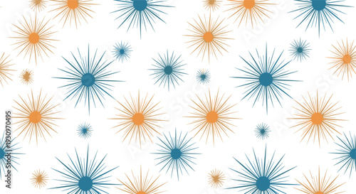 Seamless abstract pattern of orange and blue starburst or firework shapes in various sizes on a clean white background.