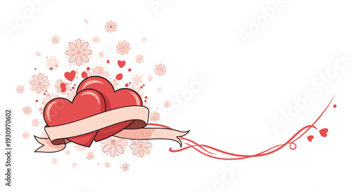 Romantic Valentine's Day design with two red hearts wrapped in a pink ribbon surrounded by flowers on a white background.