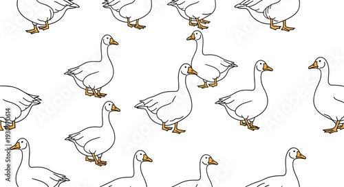 Simple seamless pattern background with cute cartoon domestic white geese walking in a flock on a plain white surface design.