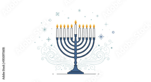 Elegant Hanukkah menorah with nine lit candles surrounded by decorative swirls and snowflakes for the Festival of Lights.