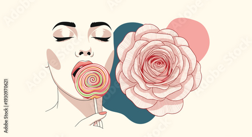 Pop art illustration of a woman's face with closed eyes licking a colorful lollipop next to a large pink rose flower design.