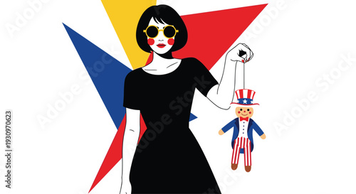 Stylish woman in a black dress and sunglasses holding an Uncle Sam puppet on strings against a colorful abstract background.