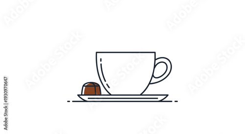 Minimalist line art icon of a coffee or tea cup on a saucer with a small piece of chocolate on a white background illustration.