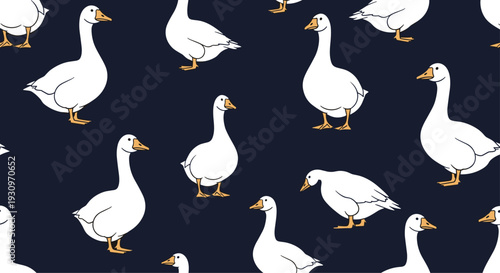 Seamless pattern of cute cartoon white domestic geese in various poses on a contrasting dark navy blue background design.