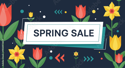 Modern Spring Sale banner featuring colorful flat design tulips and daffodils on a dark blue background with geometric elements.