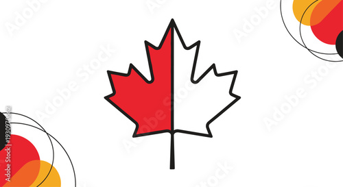 Modern graphic design featuring a red and white Canadian maple leaf symbol with abstract colorful circles in the corners.