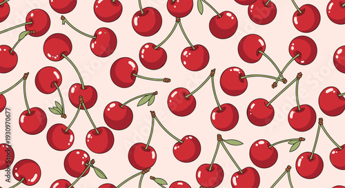 Cute seamless pattern of fresh red cherries with green stems and leaves scattered on a light pink background design.
