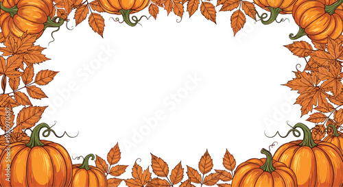 Autumnal frame border created with hand-drawn orange pumpkins and fall leaves on a white background with copy space.