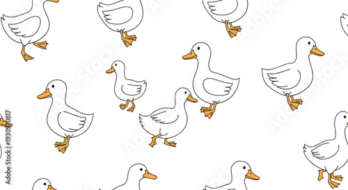 Cute seamless pattern of white cartoon ducks and ducklings walking in a group on a simple white background design art.