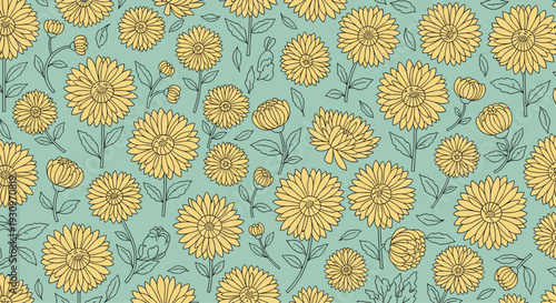 Seamless botanical pattern of yellow chrysanthemum flowers with blue-green line art leaves on a light teal background.