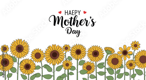 Happy Mother's Day greeting card design featuring a border of hand-drawn yellow sunflowers on a clean white background.