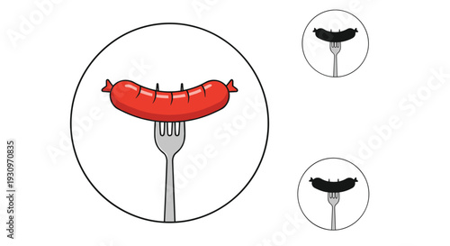 Set of three simple circular icons showing a red sausage on a fork in color and black and white versions for food design.