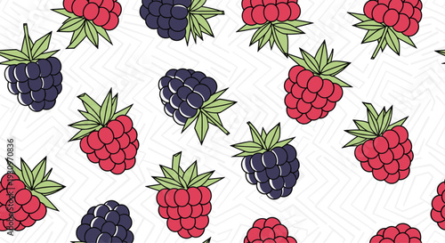 Seamless pattern of red raspberries and purple blackberries in a line art style over a subtle geometric line background.