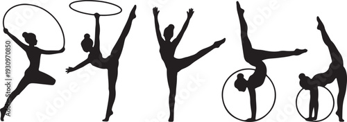 Female gymnasts perform elegant routines with hoops showing flexibility and impressive balance