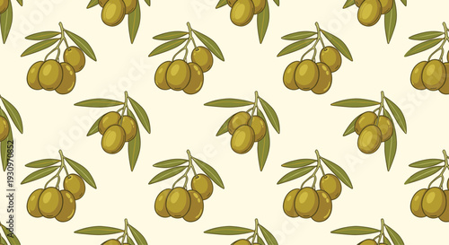 Seamless repeating pattern of hand-drawn green olive branches with leaves on a simple light cream colored background.