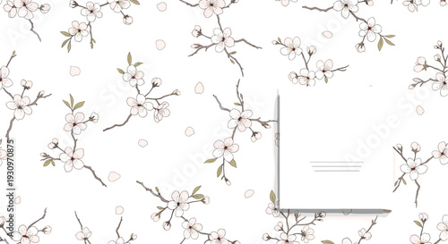 Elegant seamless floral pattern with delicate cherry blossom branches and falling petals with a note card on a white background.