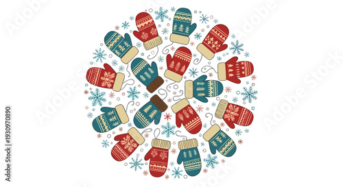 Circular arrangement of colorful knitted winter mittens in red and blue with festive patterns and snowflakes on a white background.