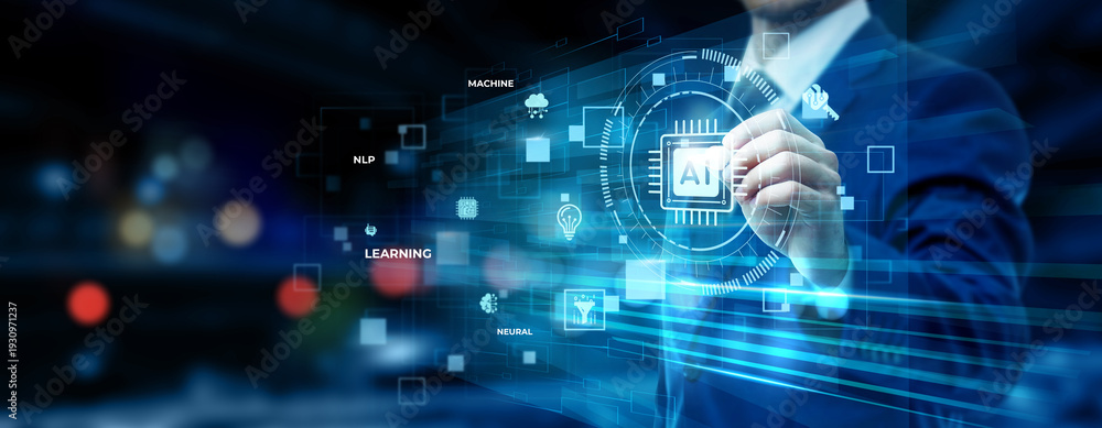 Obraz premium Businessman pointing at artificial intelligence technology on futuristic digital interface screen, machine learning, data analytics automation, smart business solution concept
