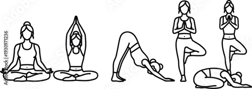 Yoga meditation poses vector line art for mental clarity
