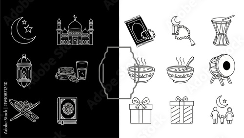 Celebrating Ramadan with traditional food, gifts, and cultural symbols in a festive illustration
