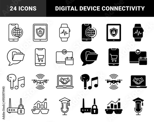 Hybrid digital lifestyle and smart technology symbols merging internet communication with mobile commerce wearable devices and green computing