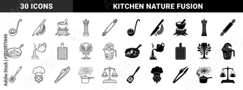 Hybrid culinary tools merging kitchen equipment with organic nature elements featuring ladle lotus knife fern and pot galaxy conceptual symbols