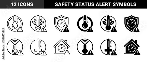 Hybrid safety and monitoring symbols featuring thermometer merged with moisture drops plants and wireless signals alongside pressure gauges and hourglass timers