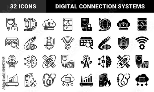 Hybrid network technology symbols merging hardware with abstract concepts featuring router analytics server security and digital intelligence in dual stroke and solid styles