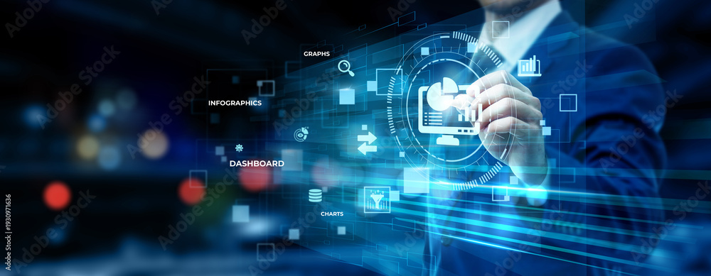 Fototapeta premium Businessman pointing at data visualization dashboard on futuristic digital interface screen, analytics reporting system, business intelligence charts, performance metrics concept