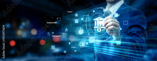 Fotografia Businessman pointing at corporate banking technology on futuristic digital inter