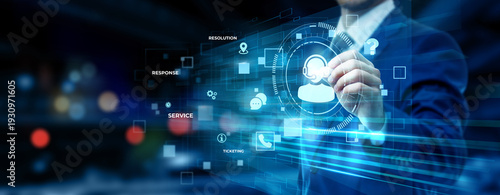 Konstfotografi Businessman pointing at customer support technology on futuristic digital interf