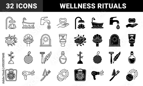 Hybrid bathroom and wellness line icons merging personal care objects with organic nature elements like lotus flowers bamboo and forest pine trees