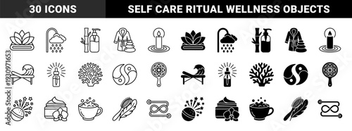 Wellness and Holistic Spa Therapy Hybrid Symbols Combining Organic Elements Like Lotus Flowers Bamboo and Coral with Luxury Self Care Treatment Outlines