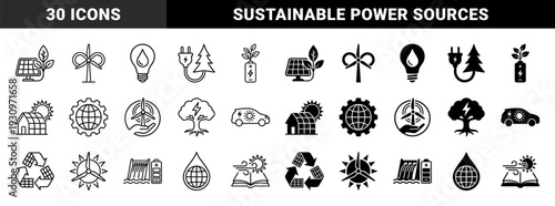 Sustainable energy hybrid icons featuring solar panel leaves wind turbine hands and electric car sun symbols in outline and solid styles