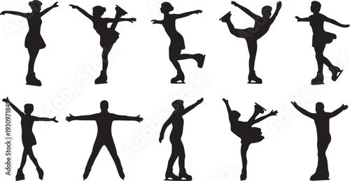 A collection of various female figure skaters demonstrating different graceful poses