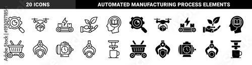 Hybrid industrial automation and logistics icons merging mechanical gear with vision drone delivery systems and sustainable robotic agriculture