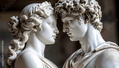Close-up of Marble Statues of Lovers in Intimate Embrace.