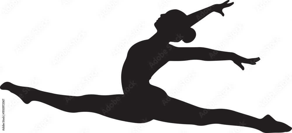 Fototapeta premium A graceful female gymnast performs a powerful split leap in mid air