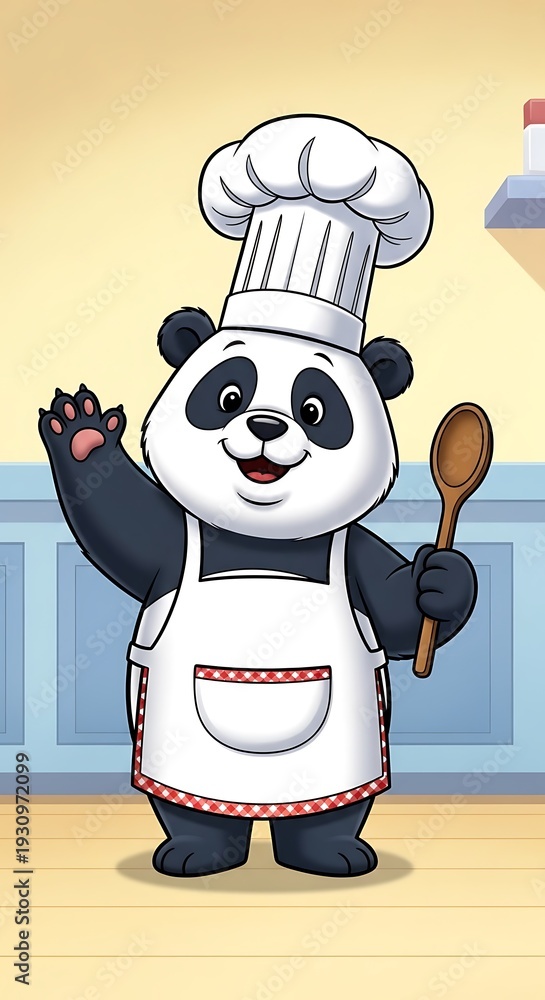 Fototapeta premium Smiling panda chef in kitchen.