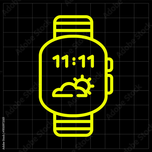 Smartwatch Wearable Device Icon Featuring Digital Clock Time and Weather Forecast Symbol. Modern smartwatch line art with cloud and 11:11 display for tech blogs or fitness apps