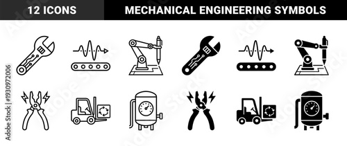 Industrial hybrid symbols merging mechanical tools with digital circuitry robotic engineering and bioengineering concepts in outline and solid style
