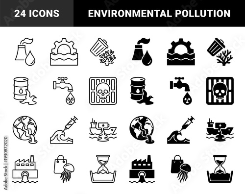 Ecological crisis and ocean pollution hybrid icons featuring toxic waste symbols merged with marine life and global environmental disaster elements