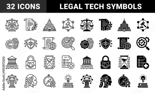 Hybrid legal technology and artificial intelligence law icons featuring digital scales of justice robotic judges and smart contract symbols for future litigation