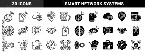 Hybrid technology and digital connectivity symbols combining global networks data security artificial intelligence and smart logistics in dual outline and solid styles