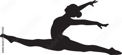 A graceful female gymnast performs a powerful split leap in mid air